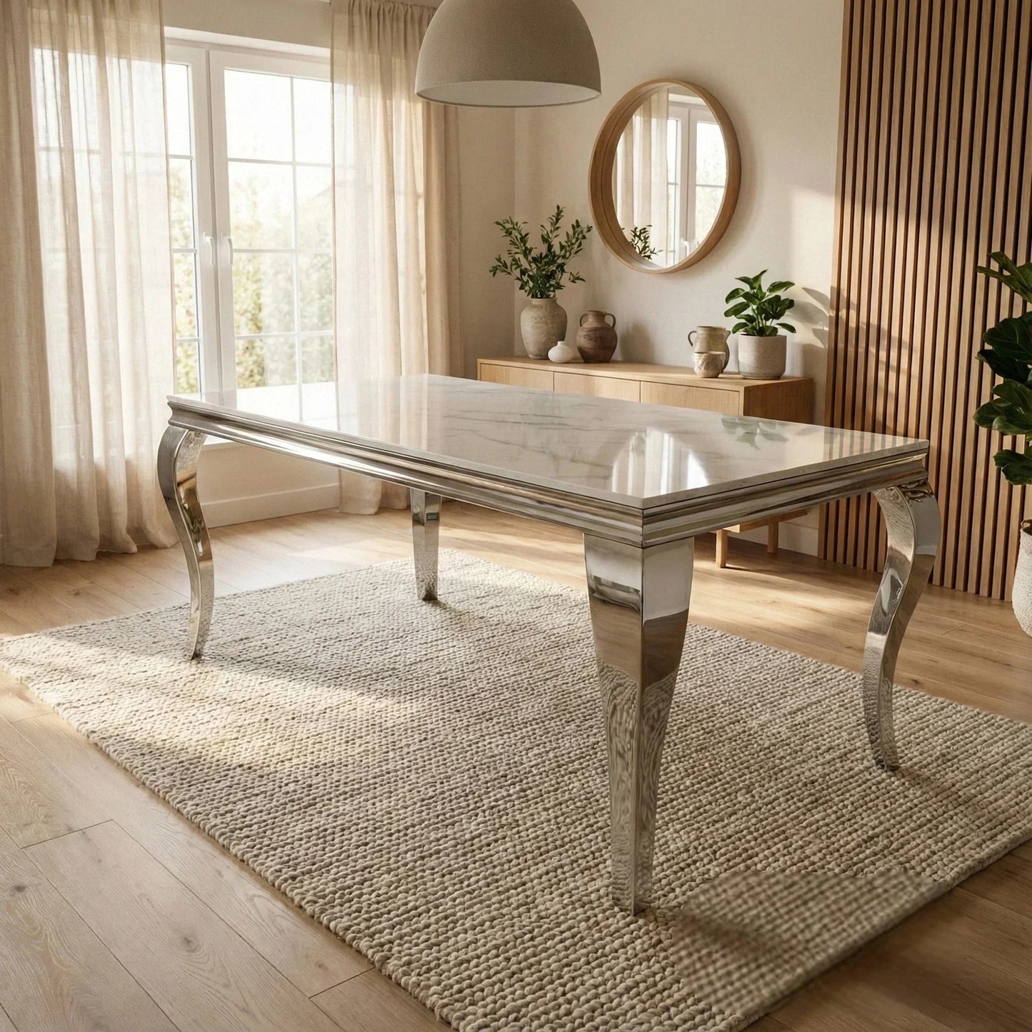 Luxury Lorens 200cm Marble Dining Table in Cream/Beige With Chrome 4-Leg Base