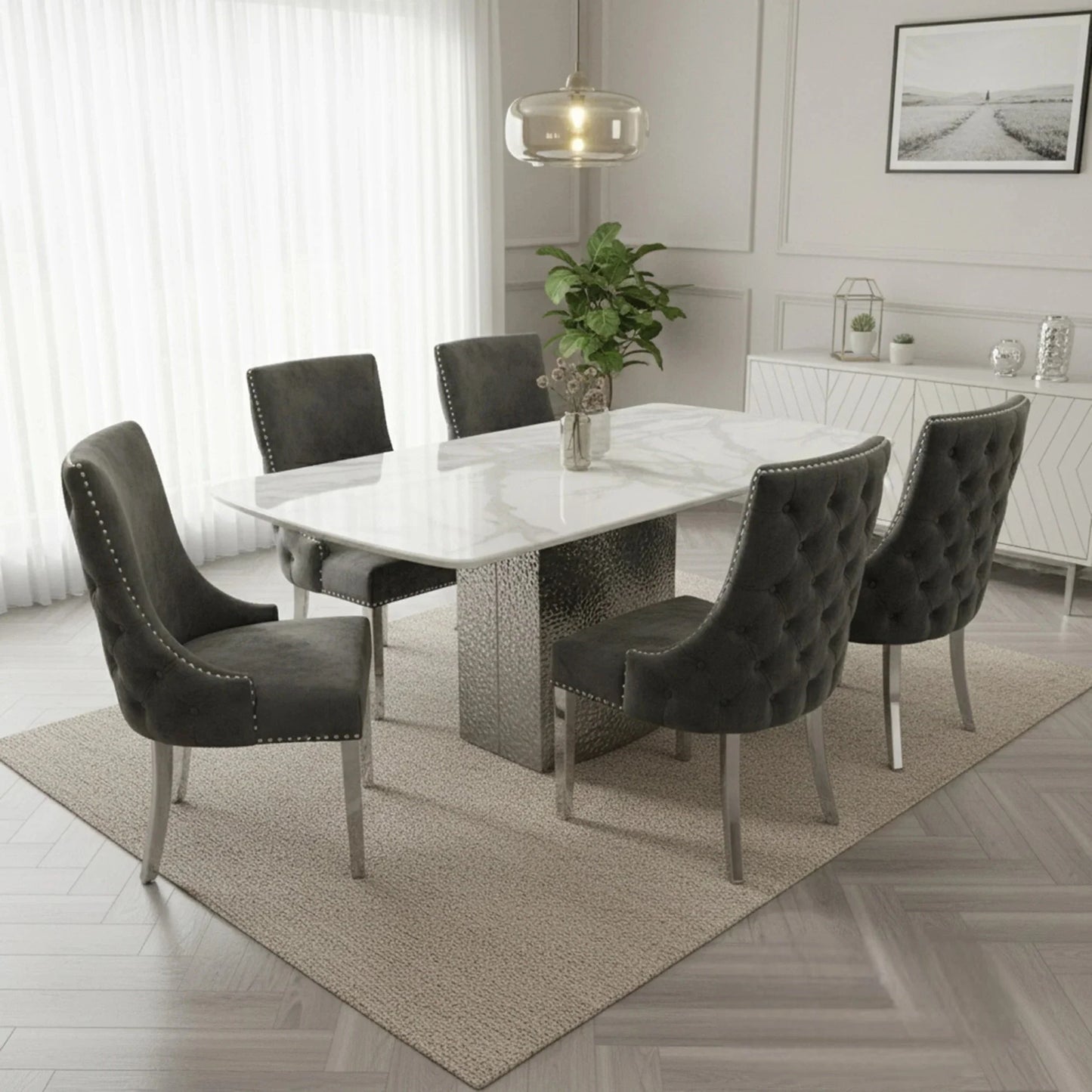 Luxury  Lucca 1.8m Slimline White Marble Dining Set Table With Oskar Dark Grey Velvet Chairs