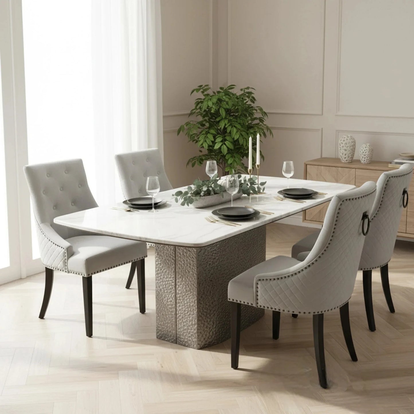 Luxury Lucca 1.8m Slimline White Marble Dining Set Table With Gunnar Light Grey Velvet Chairs