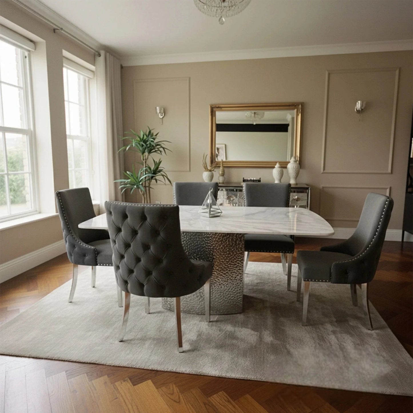 Luxury  Lucca 1.8m Slimline White Marble Dining Set Table With Oskar Dark Grey Velvet Chairs
