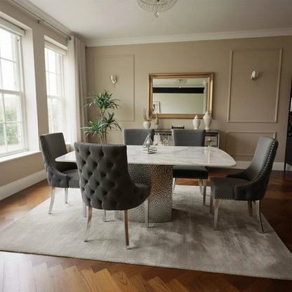 Luxury  Lucca 1.8m Slimline White Marble Dining Set Table With Oskar Dark Grey Velvet Chairs