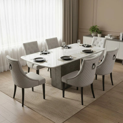 Luxury Lucca 1.8m Slimline White Marble Dining Set Table With Gunnar Light Grey Velvet Chairs