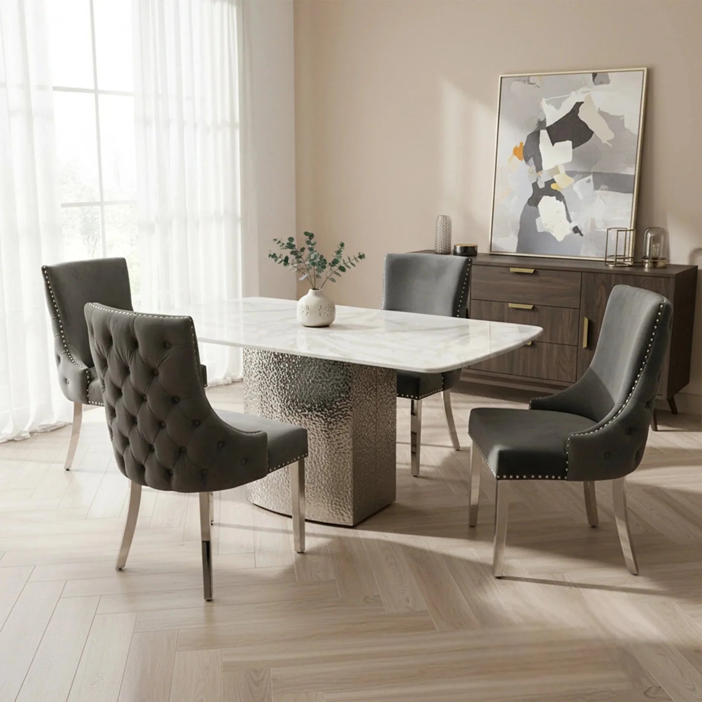 Luxury  Lucca 1.8m Slimline White Marble Dining Set Table With Oskar Dark Grey Velvet Chairs