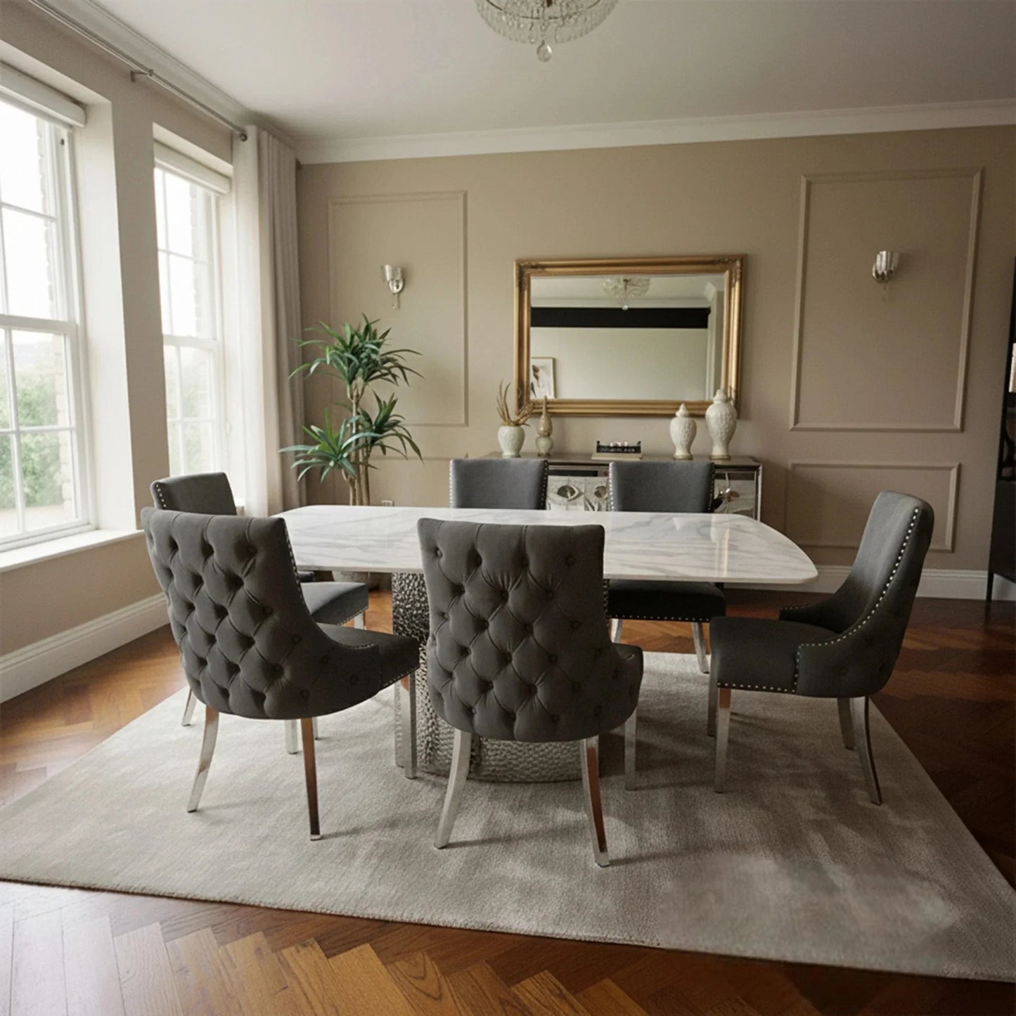 Luxury  Lucca 1.8m Slimline White Marble Dining Set Table With Oskar Dark Grey Velvet Chairs