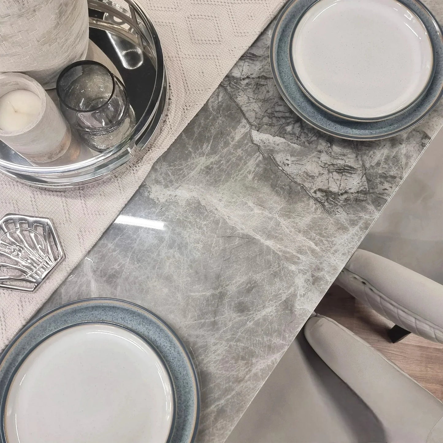 Luxury Lucca 180cm Grey Marble Dining Table With Hammered Metal Block Base