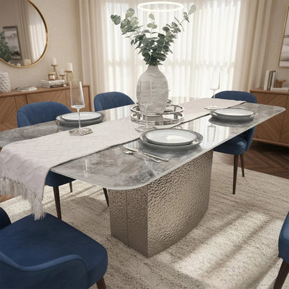 Luxury Lucca 180cm Grey Marble Dining Table With Hammered Metal Block Base