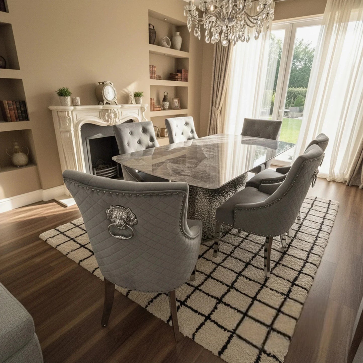 Luxury Lucca 180cm Grey Marble Dining Table With Hammered Metal Block Base