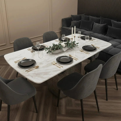 Luxury Lucca White Marble Dining Table With Hammered Metal Block Base