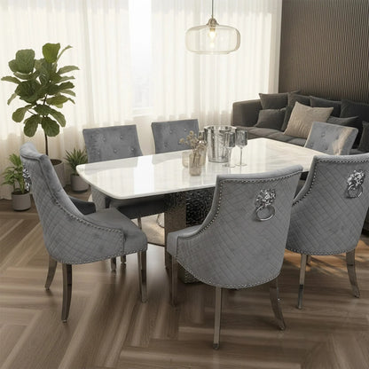 Luxury Lucca White Marble Dining Table With Hammered Metal Block Base