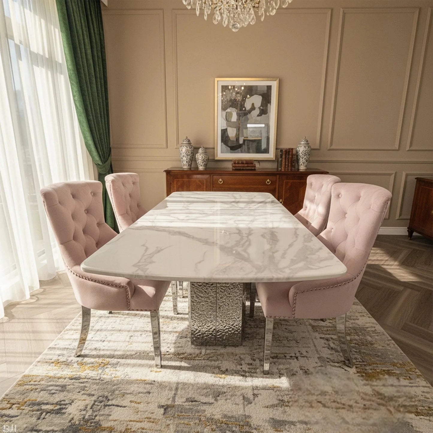 Luxury Lucca White Marble Dining Table With Hammered Metal Block Base