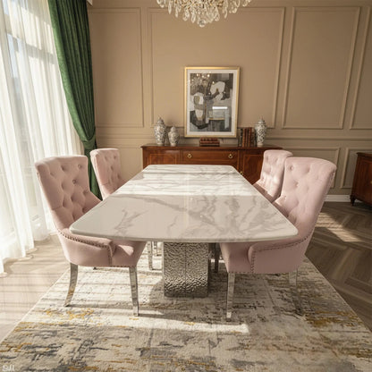 Luxury Lucca White Marble Dining Table With Hammered Metal Block Base