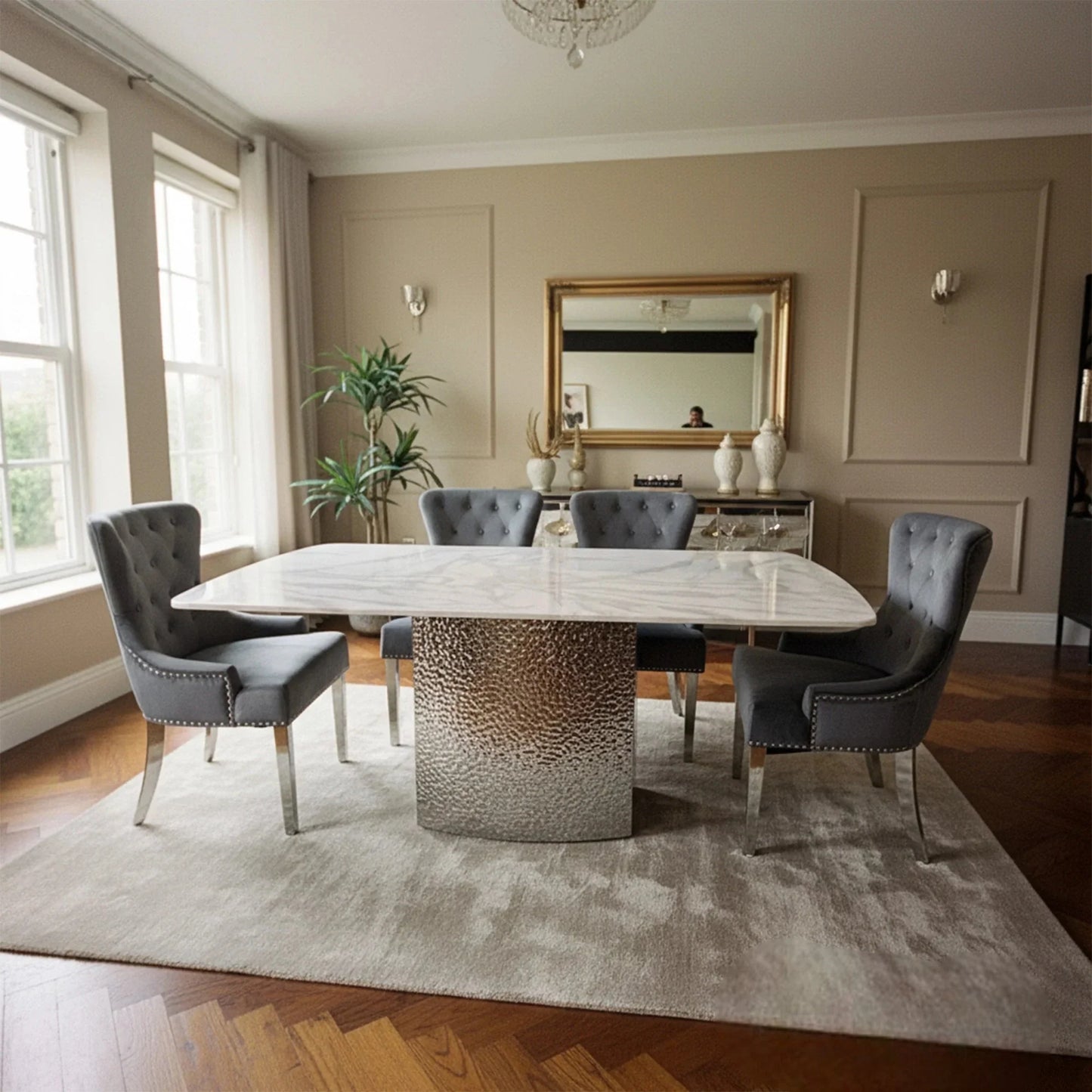 Luxury Lucca White Marble Dining Table With Hammered Metal Block Base