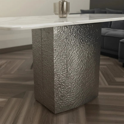 Luxury Lucca White Marble Dining Table With Hammered Metal Block Base