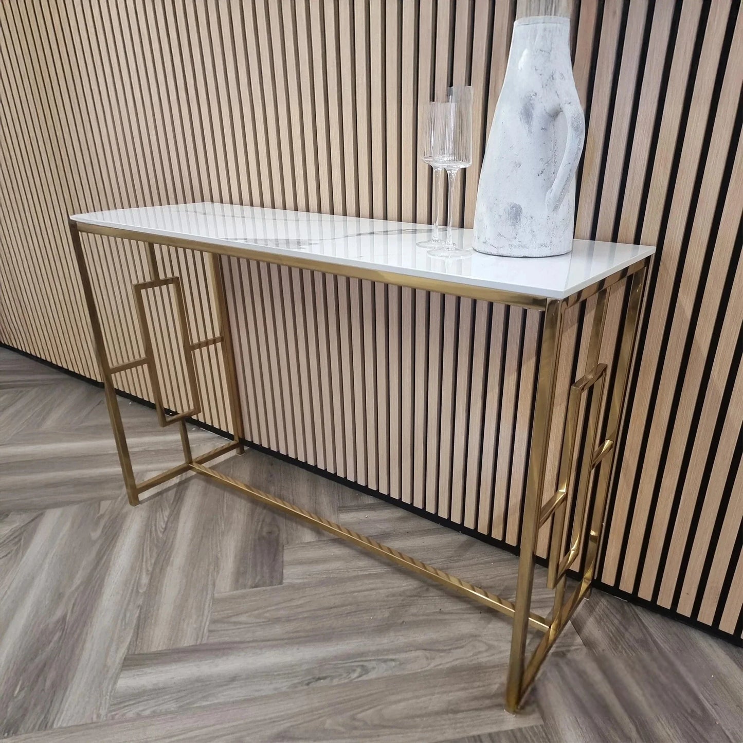 Luxury Nori Art Deco Design Gold Console Table With 120x40cm Polar White Stone Top