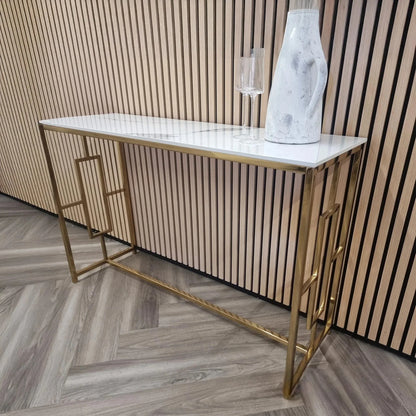 Luxury Nori Art Deco Design Gold Console Table With 120x40cm Polar White Stone Top