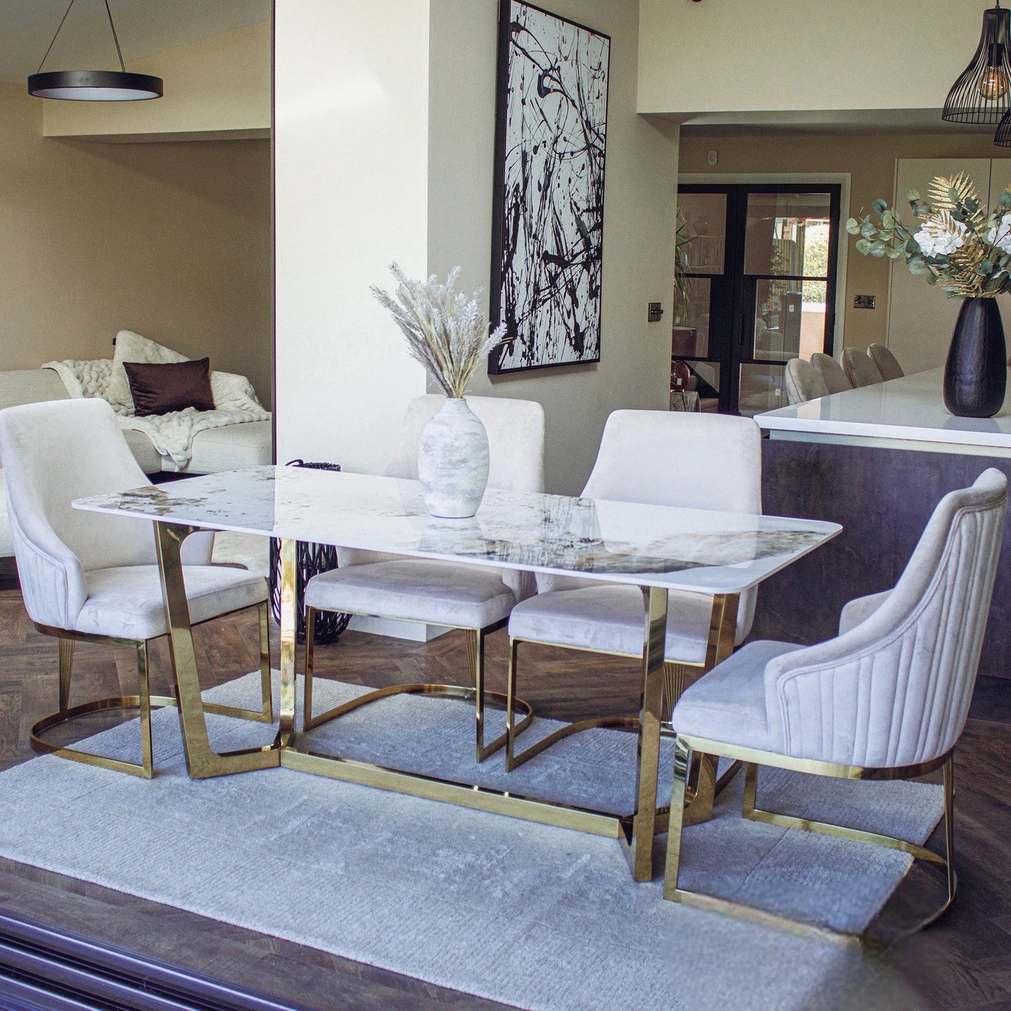Luxury Olivia Beige Velvet Dining Chair With Fluted Back And Gold Stainless Steel Frame
