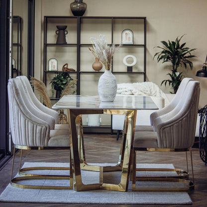 Luxury Olivia Beige Velvet Dining Chair With Fluted Back And Gold Stainless Steel Frame