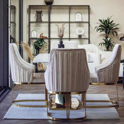 Luxury Olivia Beige Velvet Dining Chair With Fluted Back And Gold Stainless Steel Frame