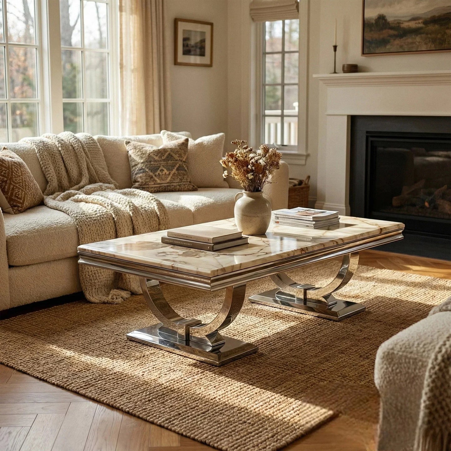 Luxury Orvar 130cm Chrome Coffee Table With Cream/Beige Marble Top And Ring Stand