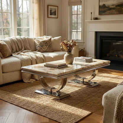 Luxury Orvar 130cm Chrome Coffee Table With Cream/Beige Marble Top And Ring Stand