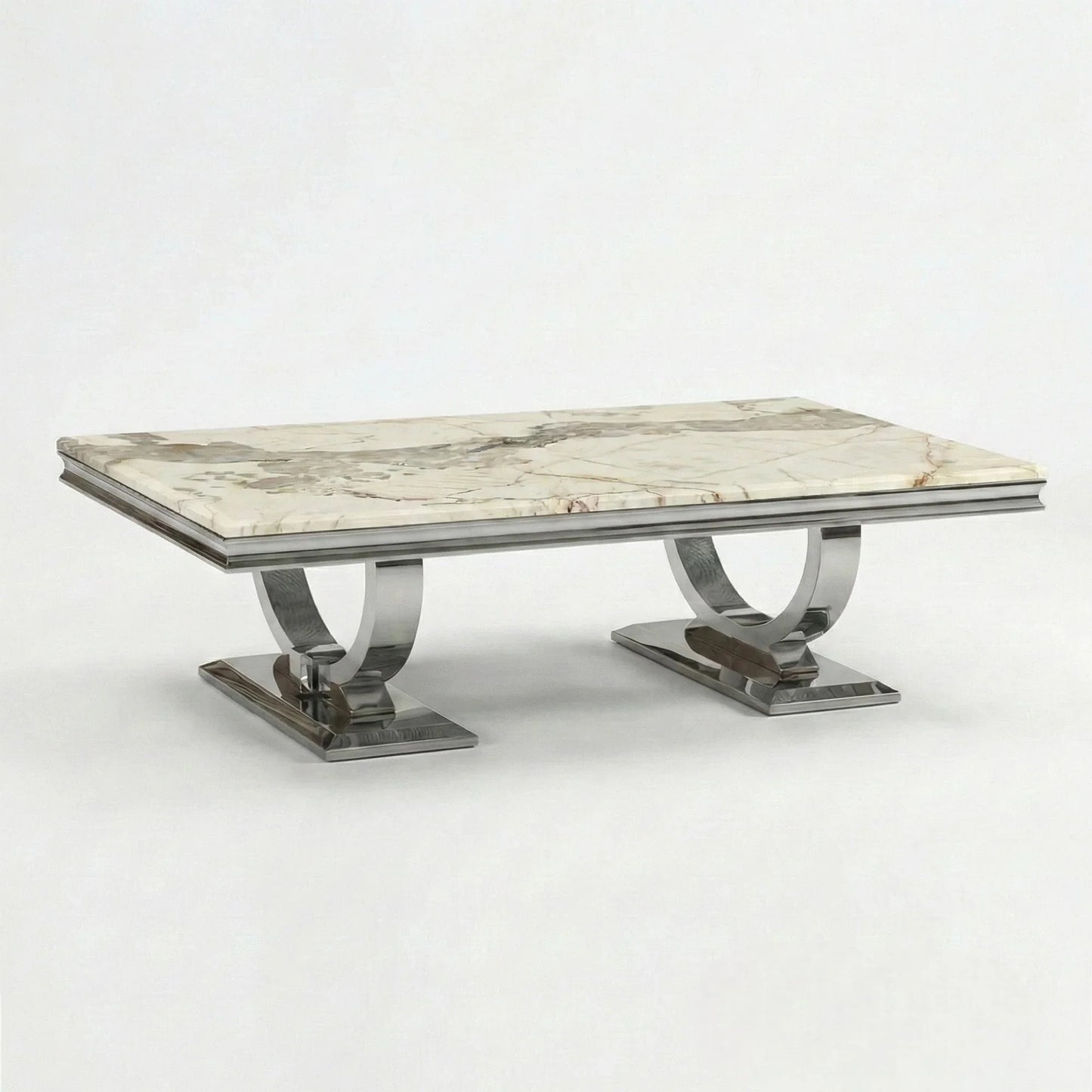 Luxury Orvar 130cm Chrome Coffee Table With Cream/Beige Marble Top And Ring Stand