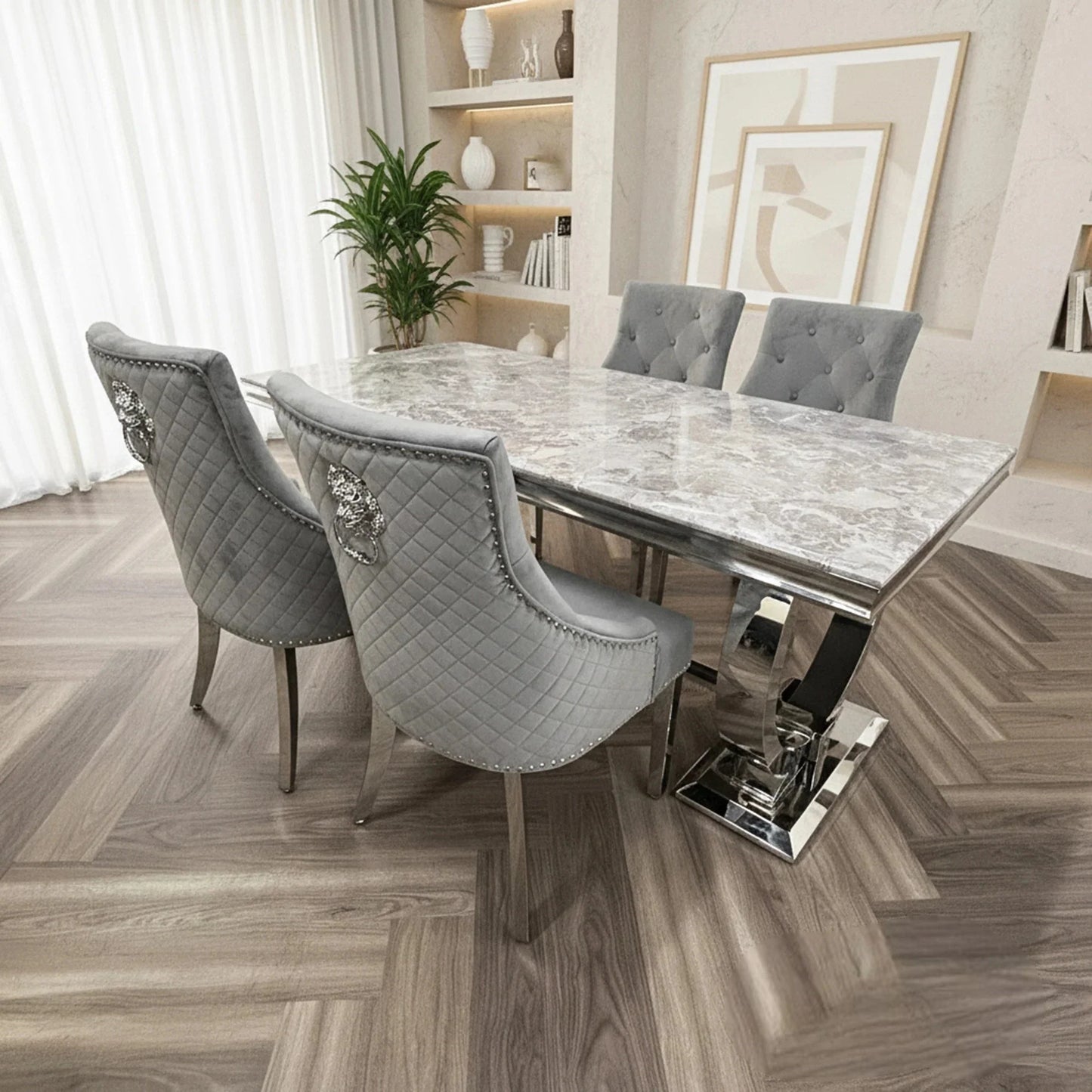 Luxury Orvar 180cm Marble Dining Table With Double Ring Chrome Base