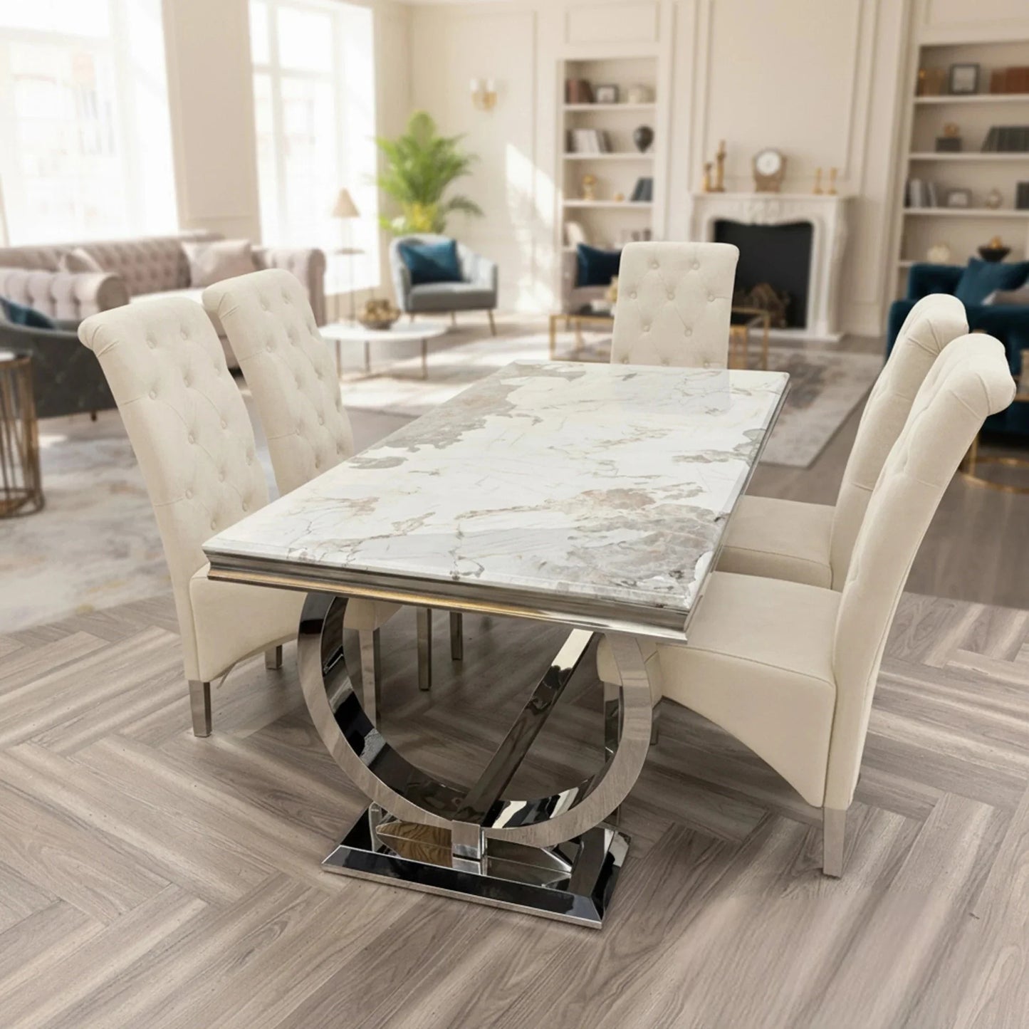 Luxury Orvar 180cm Marble Dining Table With Double Ring Chrome Base