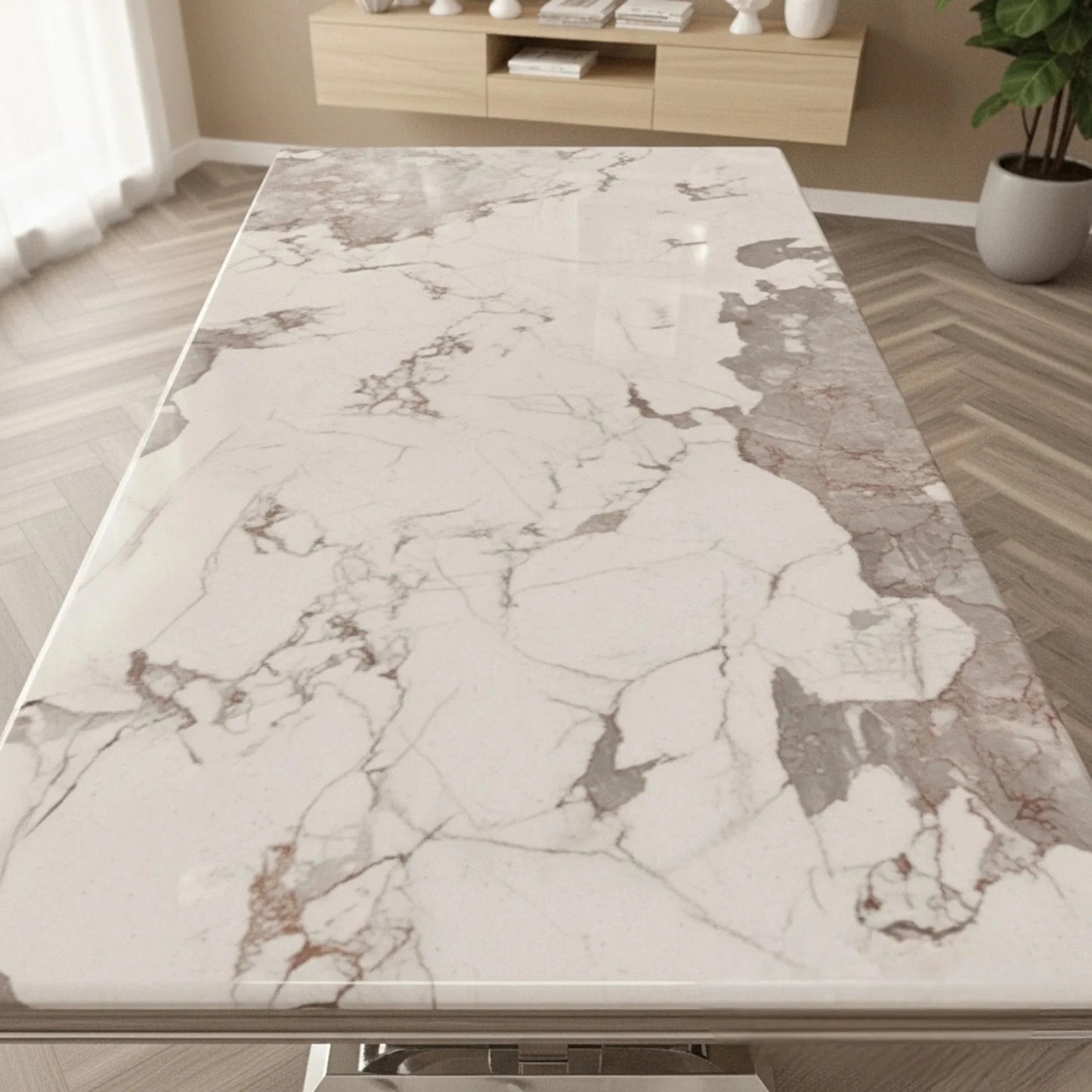 Luxury Orvar 180cm Marble Dining Table With Double Ring Chrome Base