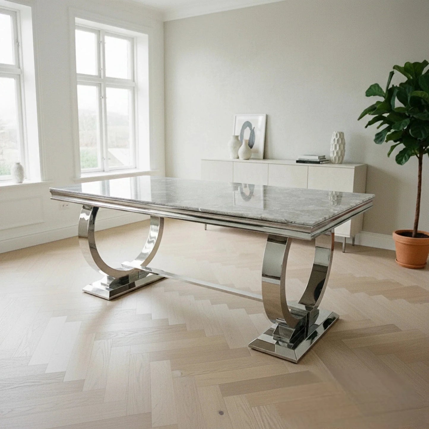 Luxury Orvar 180cm Marble Dining Table With Double Ring Chrome Base
