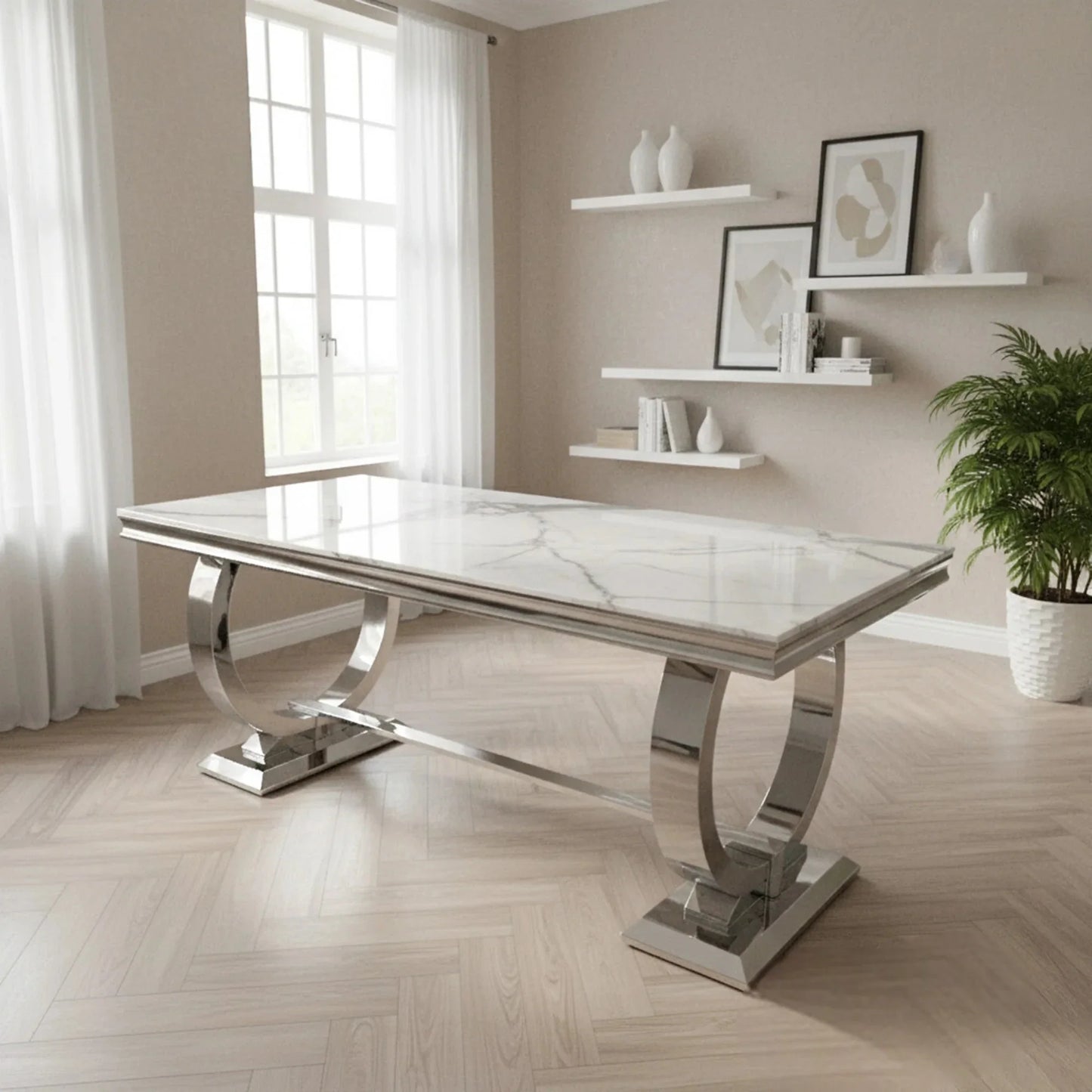 Luxury Orvar 180cm Marble Dining Table With Double Ring Chrome Base