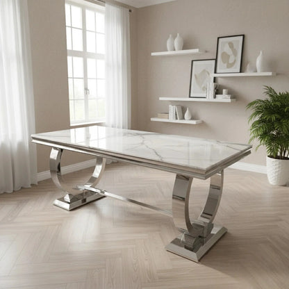 Luxury Orvar 180cm Marble Dining Table With Double Ring Chrome Base