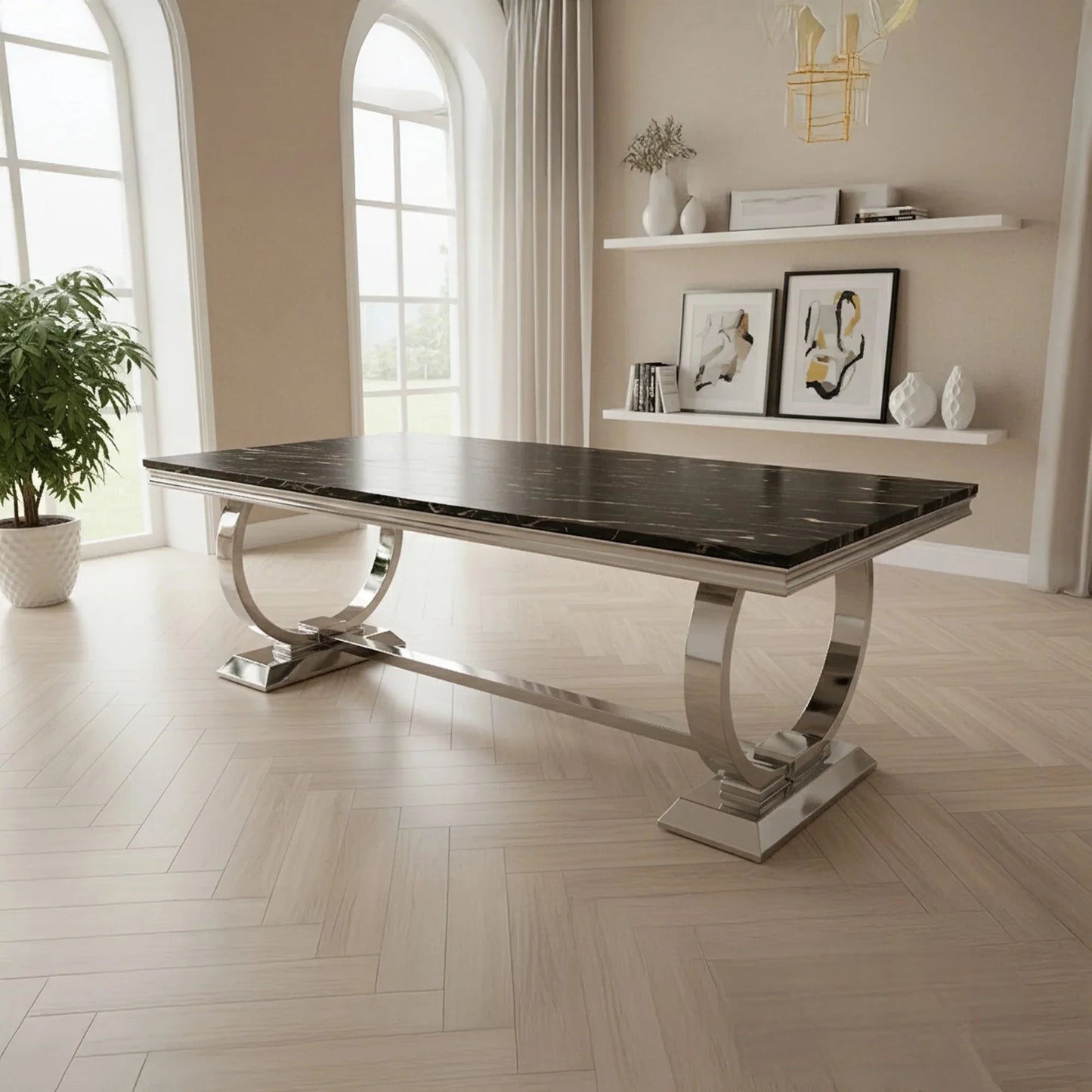 Luxury Orvar 180cm Marble Dining Table With Double Ring Chrome Base