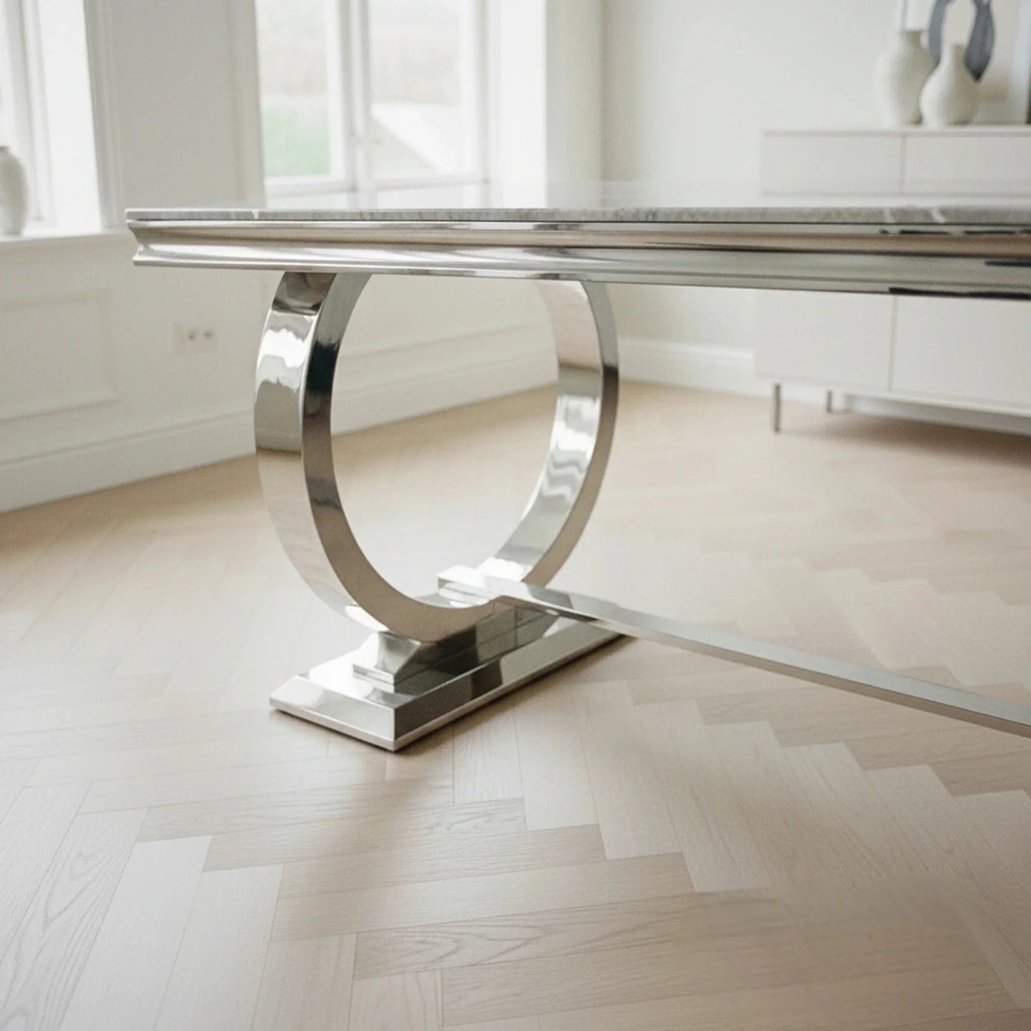 Luxury Orvar 180cm Marble Dining Table With Double Ring Chrome Base