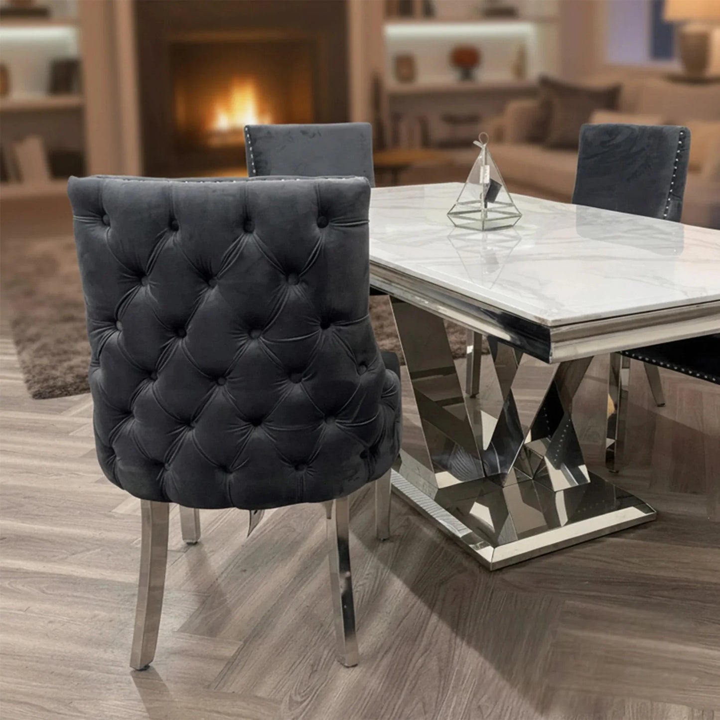 Luxury Oskar Dark Grey Velvet Dining Chair With Deep Button Back And Chrome Legs