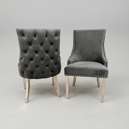 Luxury Oskar Dark Grey Velvet Dining Chair With Deep Button Back And Chrome Legs