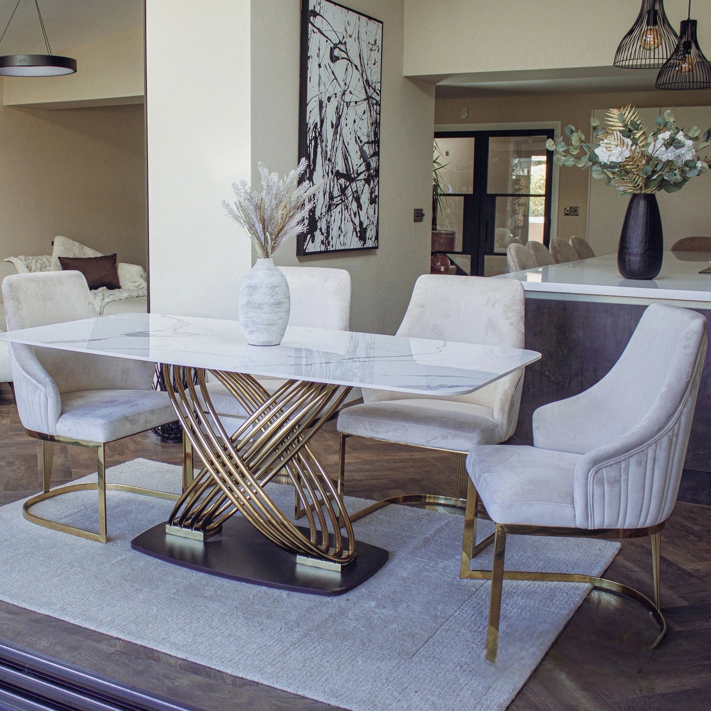 Luxury Ostuni 1.8m Slimline Gold Dining Set White Sintered Stone Table With Olivia Beige Velvet Chairs