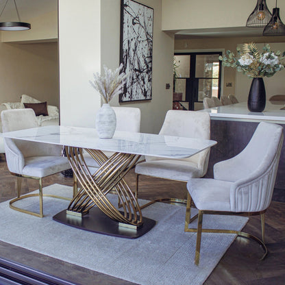 Luxury Ostuni 1.8m Slimline Gold Dining Set White Sintered Stone Table With Olivia Beige Velvet Chairs