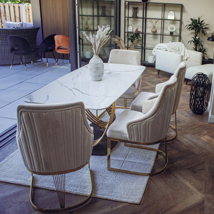 Luxury Ostuni 1.8m Slimline Gold Dining Set White Sintered Stone Table With Olivia Beige Velvet Chairs