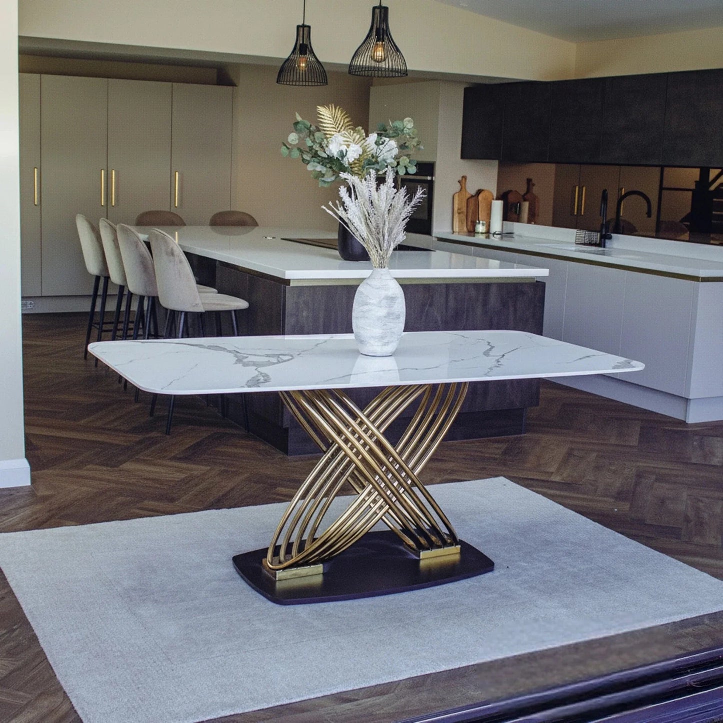 Luxury Ostuni 1.8m Slimline Gold Dining Set White Sintered Stone Table With Olivia Beige Velvet Chairs