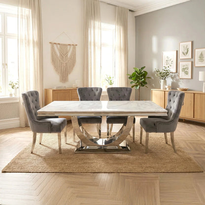 Luxury Urban 1.8m White Marble Dining Set Chrome U-Base Table With Oskar Dark Grey Velvet Chairs