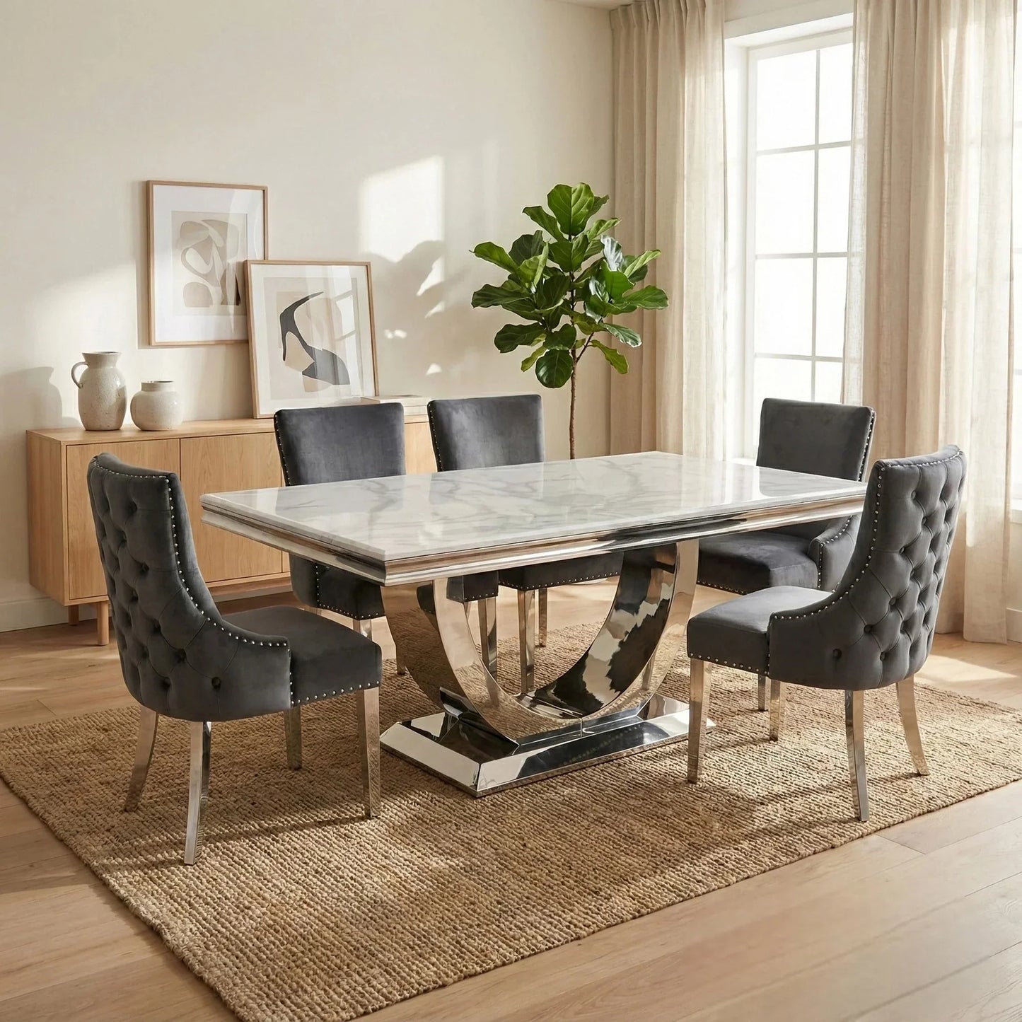 Luxury Urban 1.8m White Marble Dining Set Chrome U-Base Table With Oskar Dark Grey Velvet Chairs
