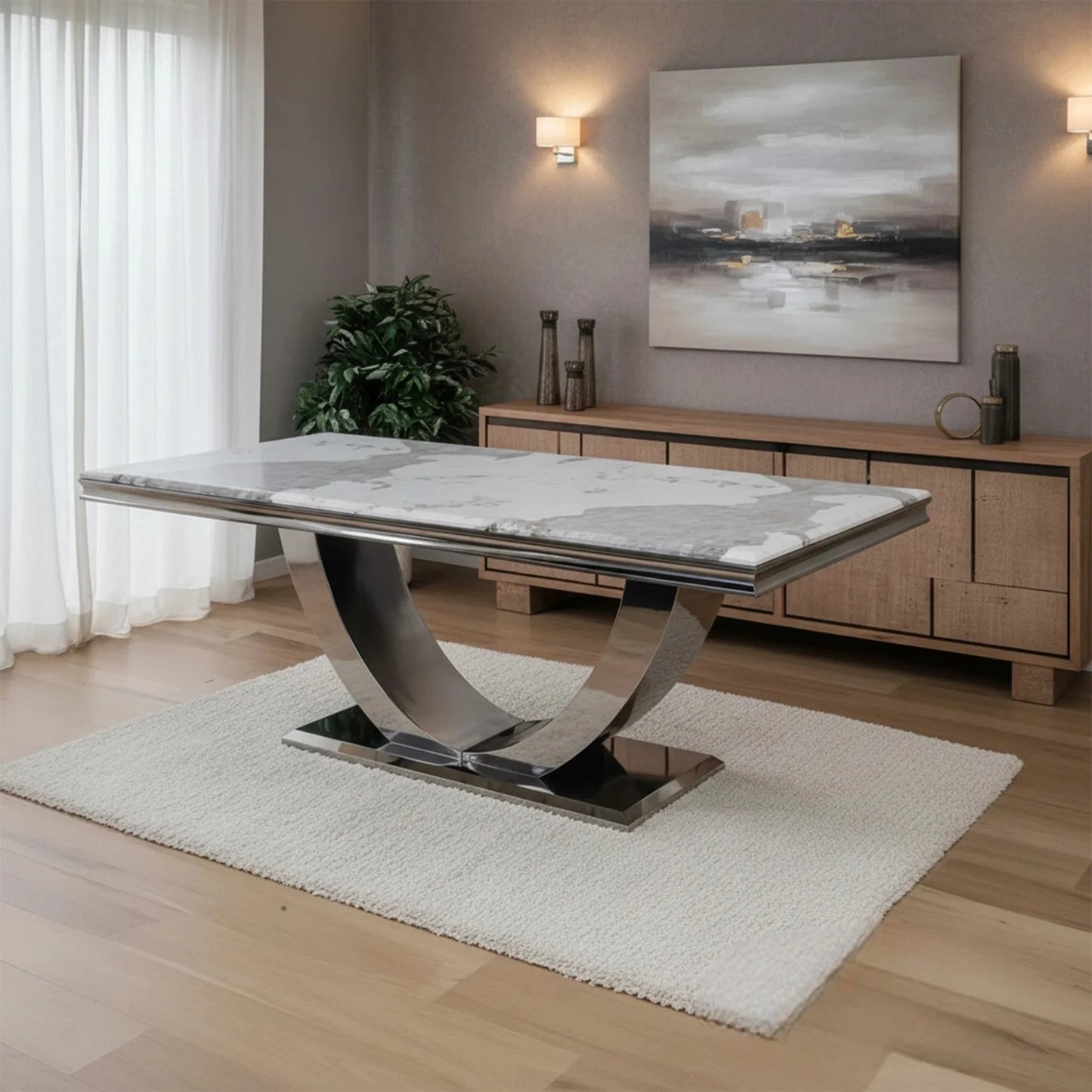 Luxury Urban 180cm Marble Dining Table With Chrome U Base
