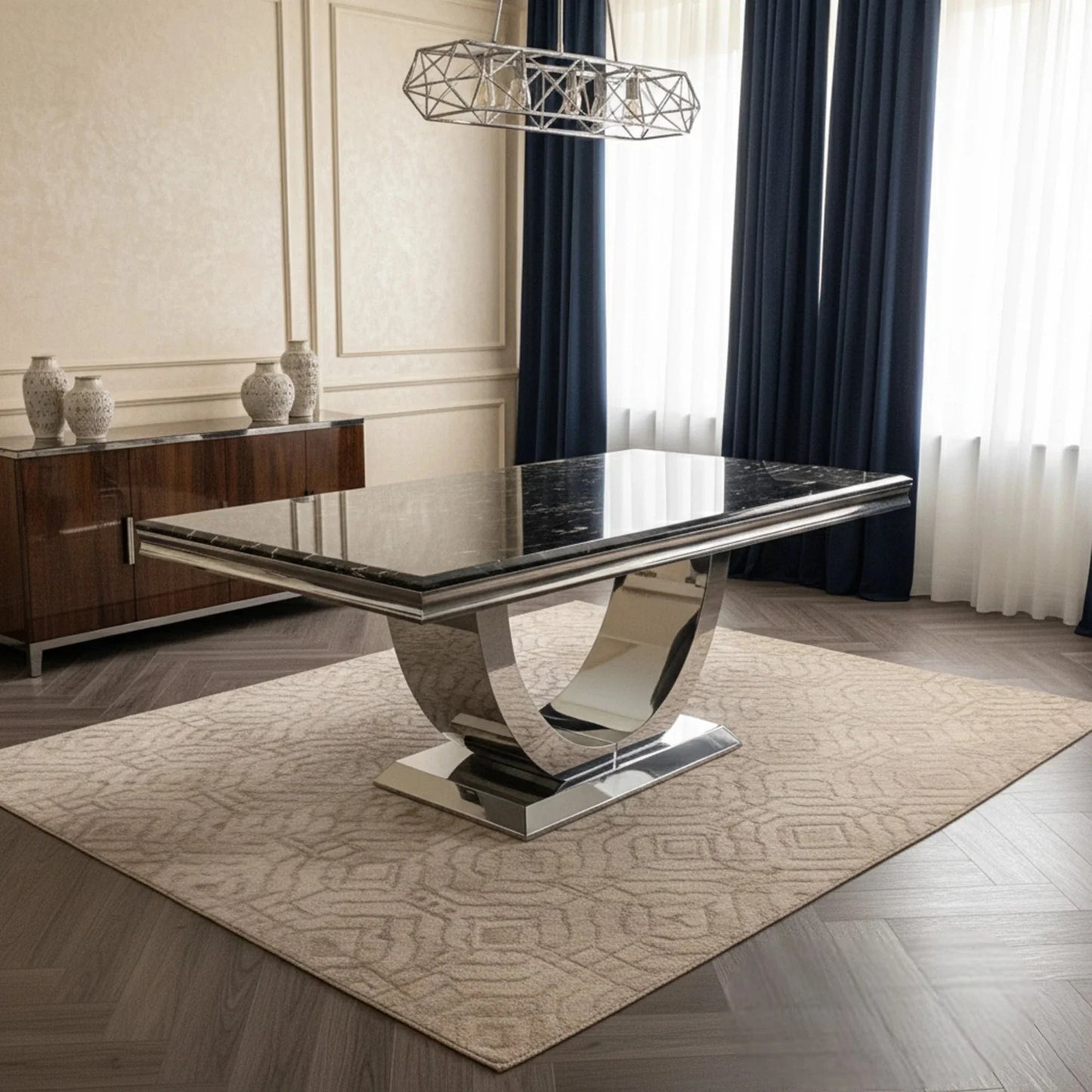 Luxury Urban 180cm Marble Dining Table With Chrome U Base