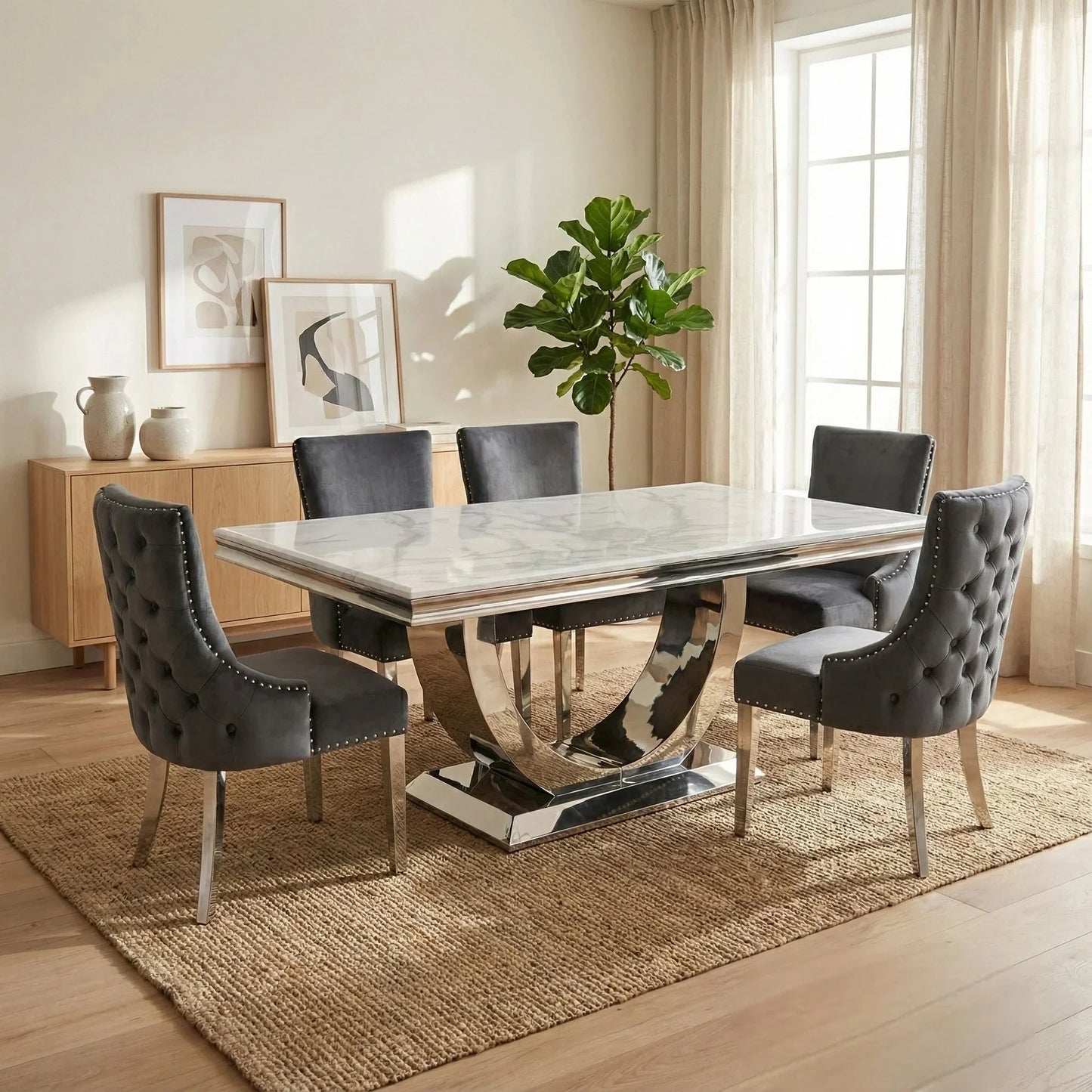 Luxury Urban 180cm Marble Dining Table With Chrome U Base
