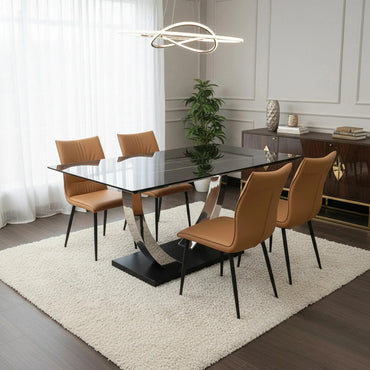 Luxury Valdemar 1.6m Black Sintered Stone Dining Set Chrome Pedestal Base With Folke Tan Leather Chairs