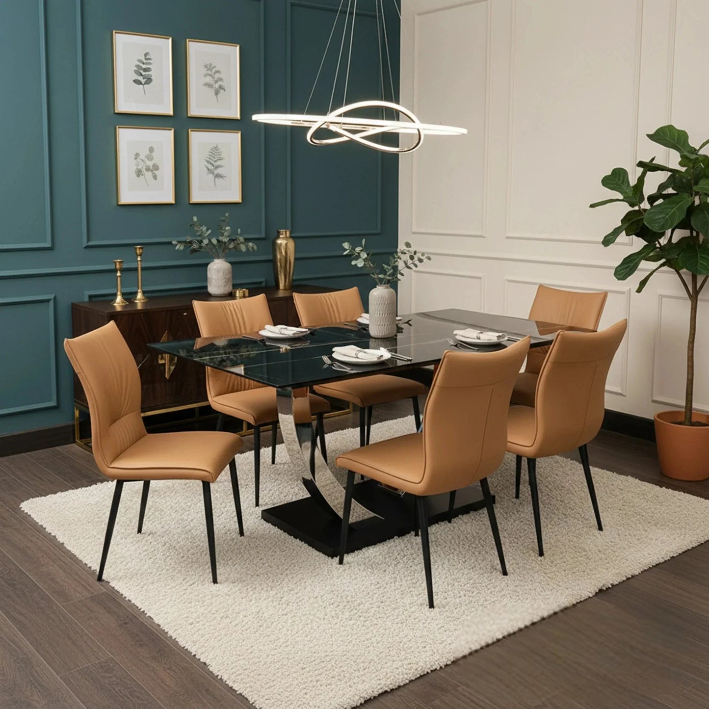 Luxury Valdemar 1.6m Black Sintered Stone Dining Set Chrome Pedestal Base With Folke Tan Leather Chairs