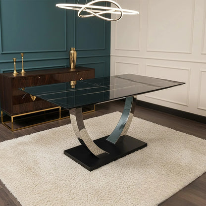 Luxury Valdemar 1.6m Black Sintered Stone Dining Set Chrome Pedestal Base With Folke Tan Leather Chairs