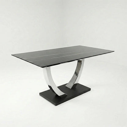 Luxury Valdemar 1.6m Black Sintered Stone Dining Set Chrome Pedestal Base With Niklas Leather Chairs