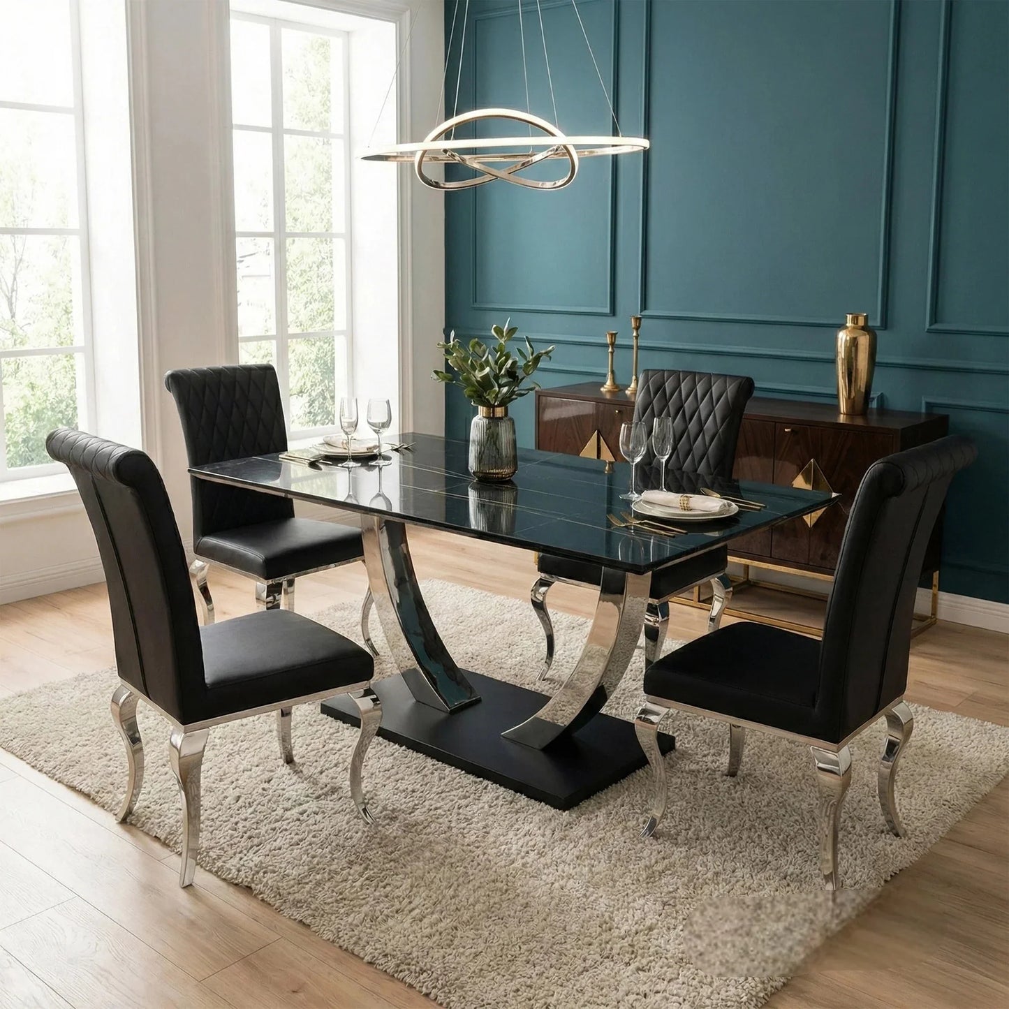 Luxury Valdemar 1.6m Black Sintered Stone Dining Set Chrome Pedestal Base With Niklas Leather Chairs