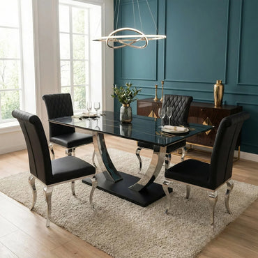 Luxury Valdemar 1.6m Black Sintered Stone Dining Set Chrome Pedestal Base With Niklas Leather Chairs